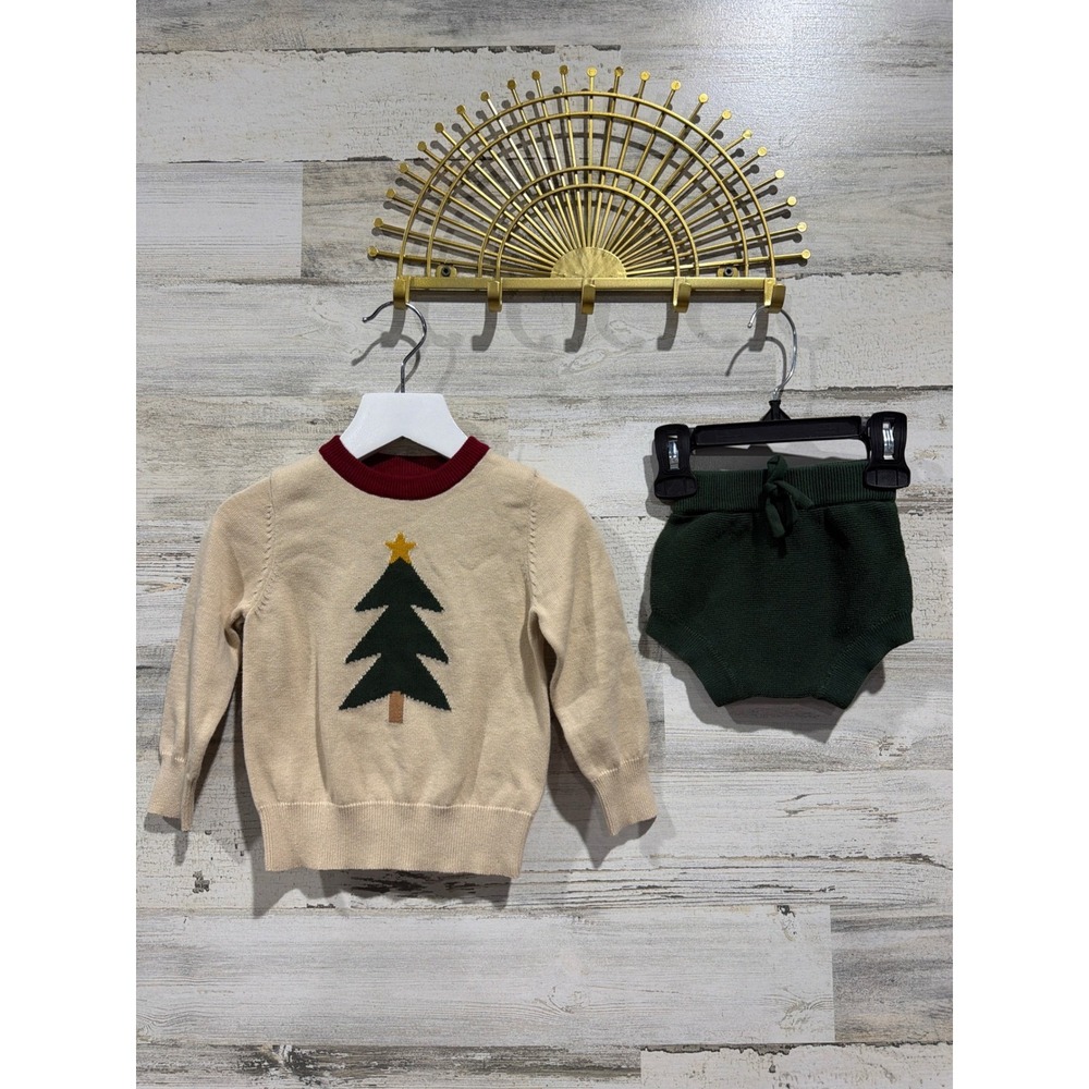 Girlhood by Little Stocking Co Sweater Set Baby Girl 6-12M Cream Green Holiday